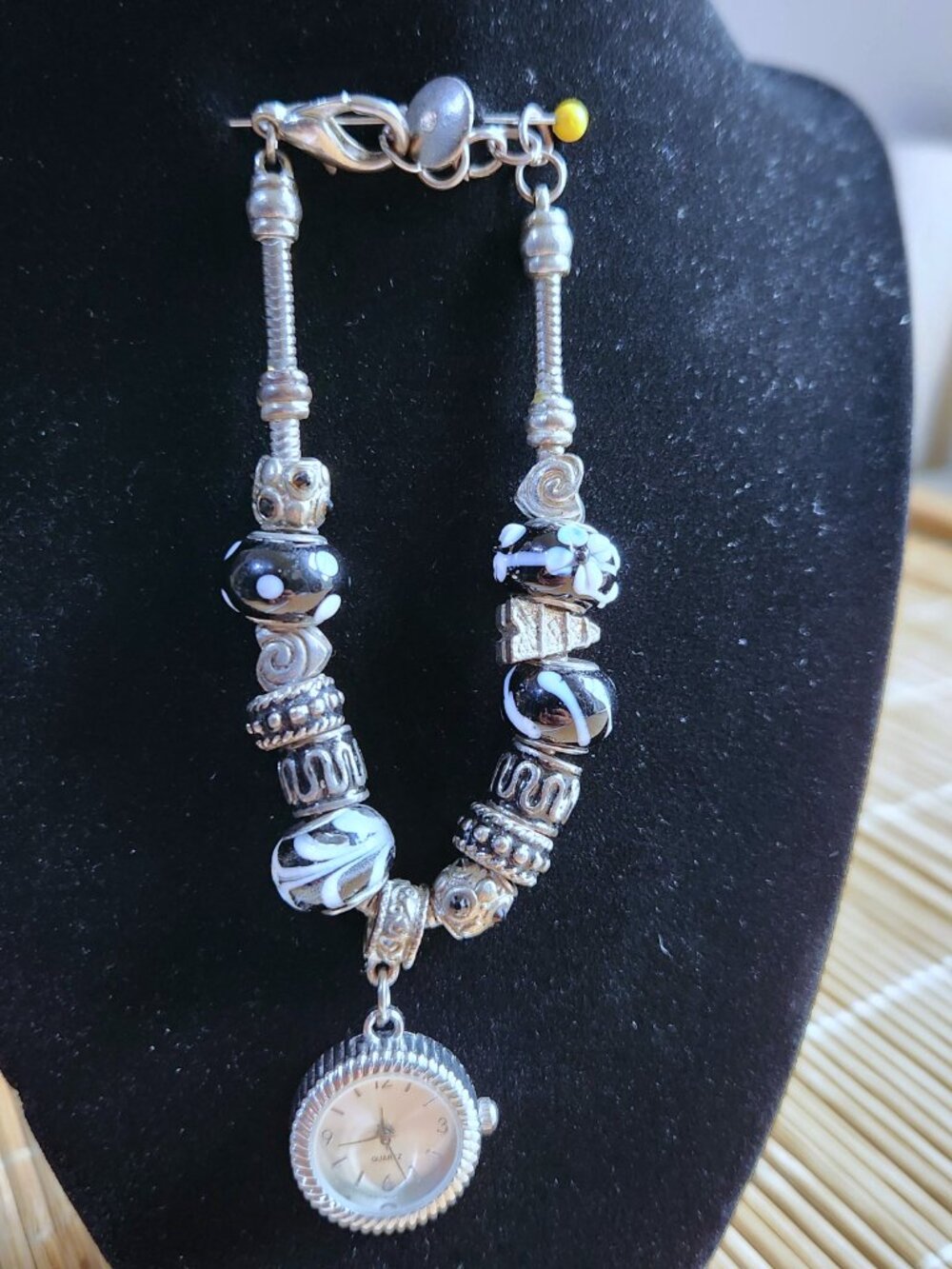 Artisan European Charm Watch Bracelet Black White Lampwork Eiffel Tower Snake